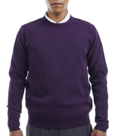 肩や肩甲骨部分の編み地を変化させたスポーティーなニットの紫の着用